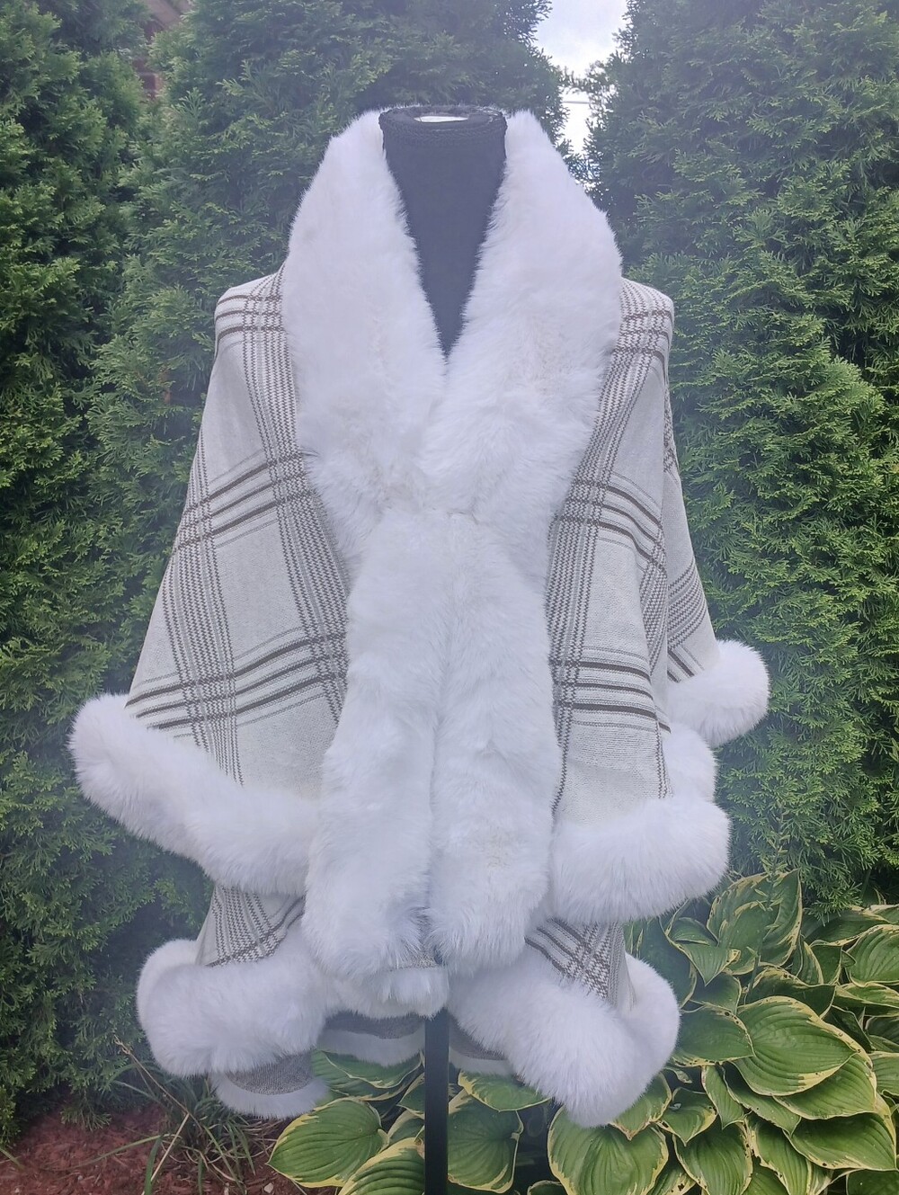 Chic White Wrap Jacket, Black Plaid  With Faux Fur Accents